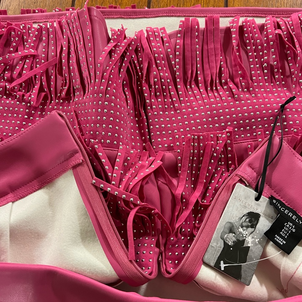 NWT pink fringe imitation leather skirt